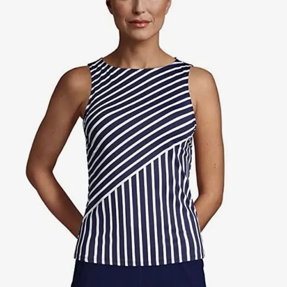 Lands End Womens High Neck Tankini Top size 12P Navy White NEW